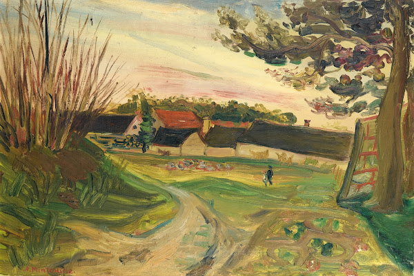 Promeneurs devantune ferme
