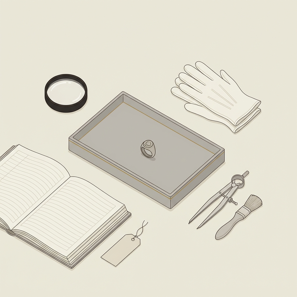 Minimalist 2D vector top down curatorial workspace showing signet ring ancient on an archival tray with magnifier calipers gloves and a blank catalog ledger