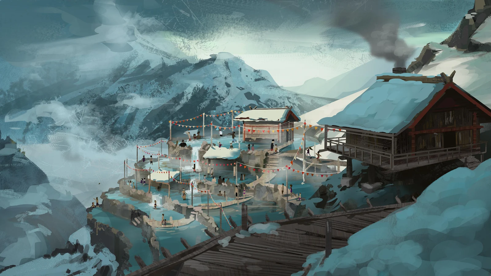 Alpine Village Hot Spring Festival - Digital Concept Art 4K Wallpaper (3840x2160)