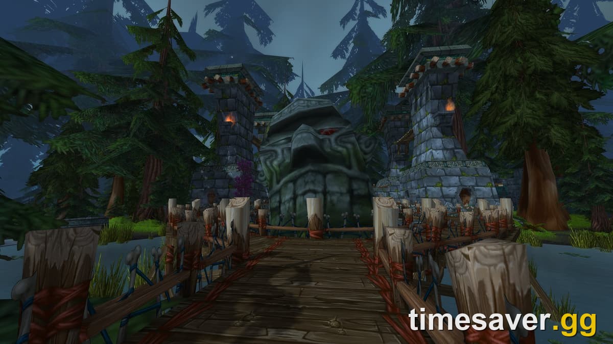 The stone troll-face gate marking the entrance to Zul'Aman, the Amani forest-troll fortress raid