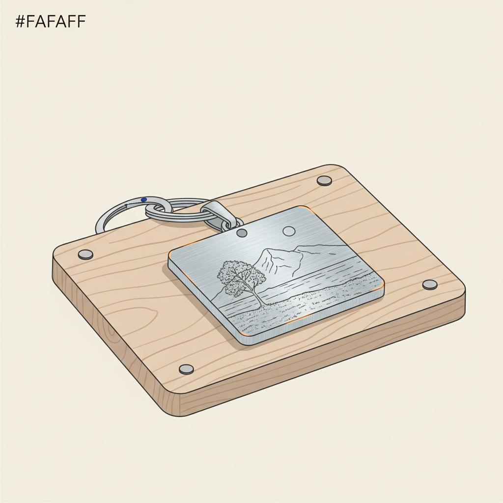 Nahaufnahme eines gravierten Edelstahl-Fotoanhängers auf Schlüsselbund auf Holzplatte, minimalistische 2D-Vektor-Illustration, geschenkideen für papa