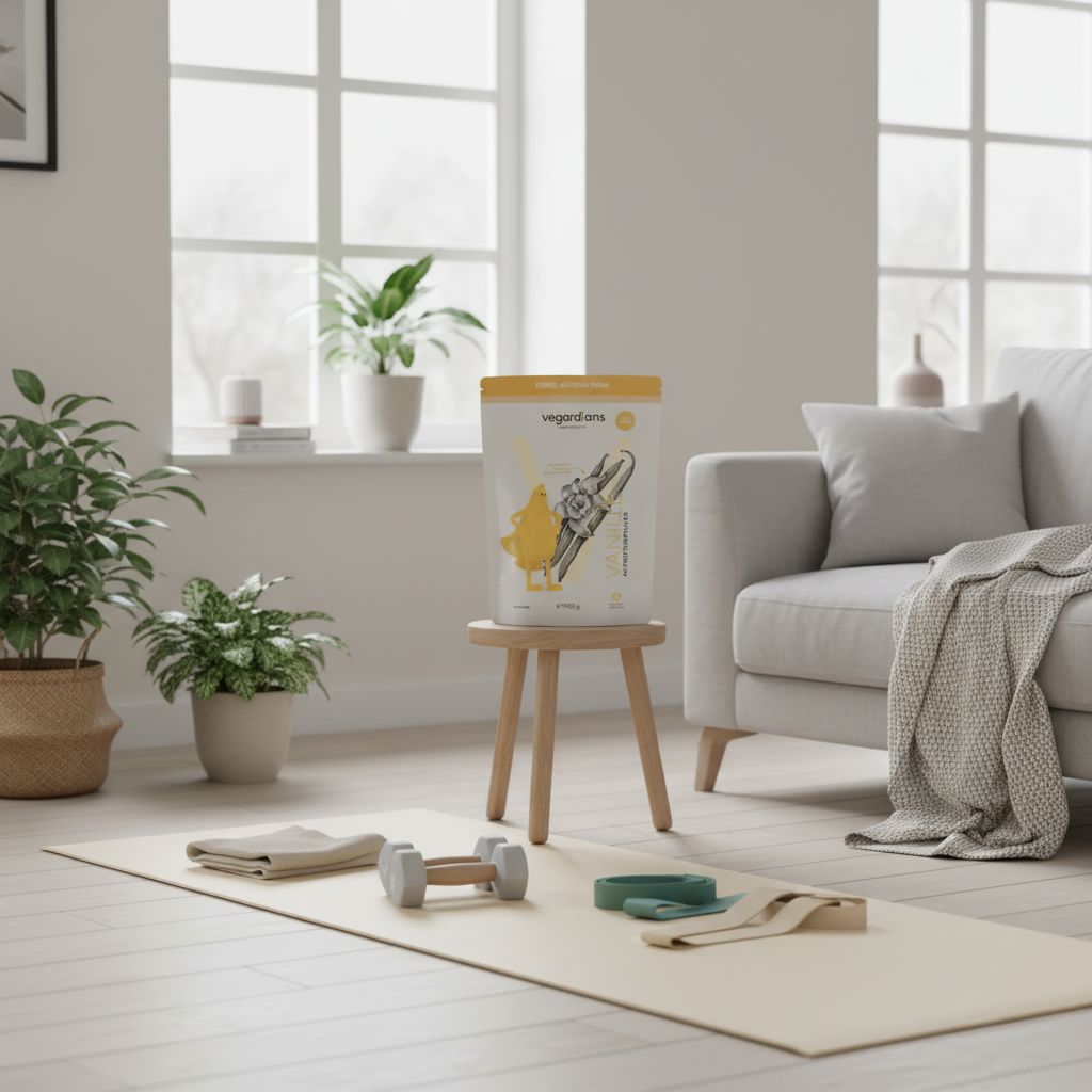 Skandinavisches Heimtraining mit Yogamatte, Kurzhanteln, Widerstandsbändern und Vegardians-Produkt im Wohnzimmer, ruhige Winterbeleuchtung, Fokus: Masse aufbauen