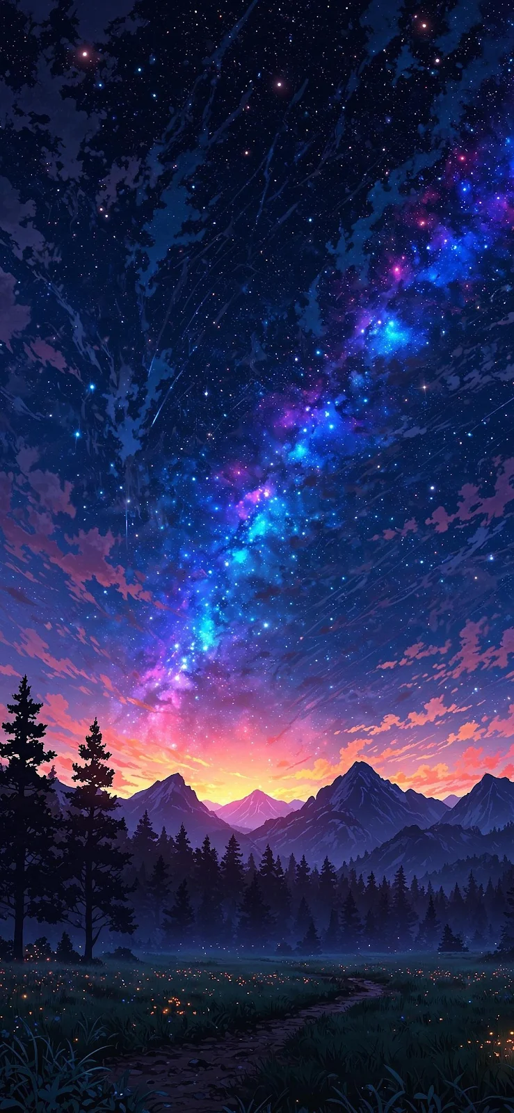 Cosmic Path Over Mountain Valley - Fantasy Digital Art Full HD iPhone Wallpaper (1181x2558)