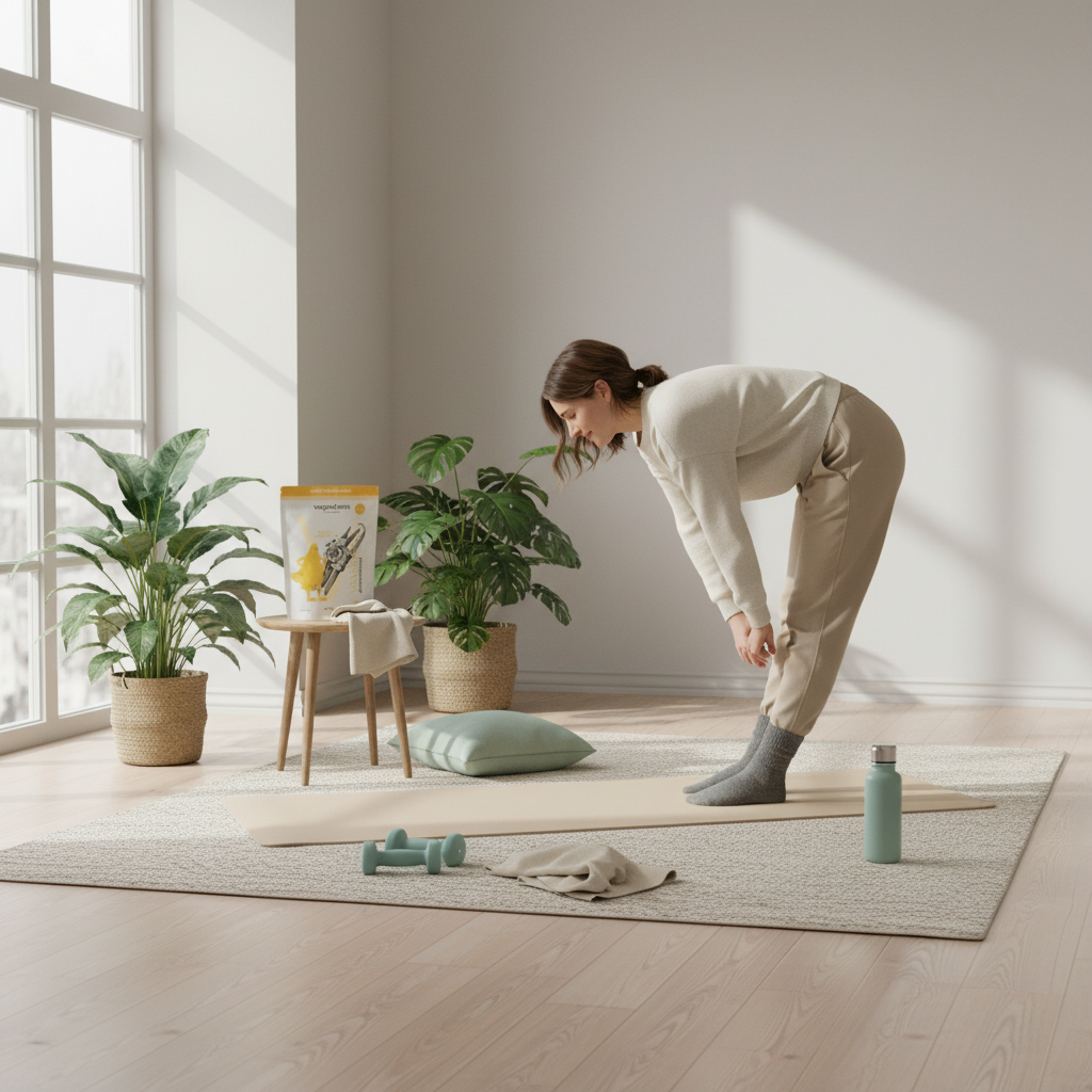 Minimalistisches skandinavisches Home-Workout mit Yogamatte, leichten Hanteln, Winterlicht am großen Fenster, Pflanzen und dem Produkt aus Referenzfotos – Käse beim Clean Eating