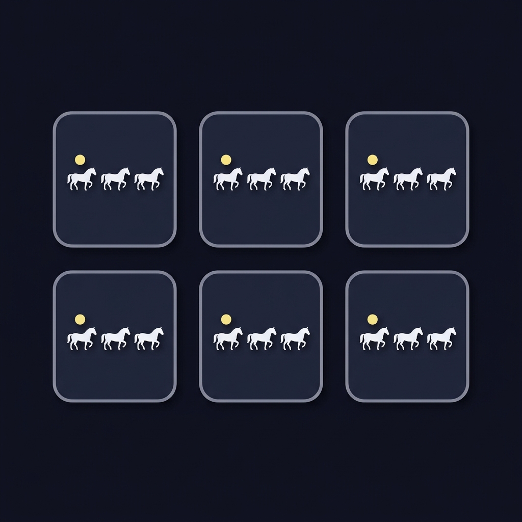 Minimalist 2D vector illustration of a three horse exacta box shown as six tiles each displaying three horse silhouettes in different orders showing all permutations types of bets horse racing