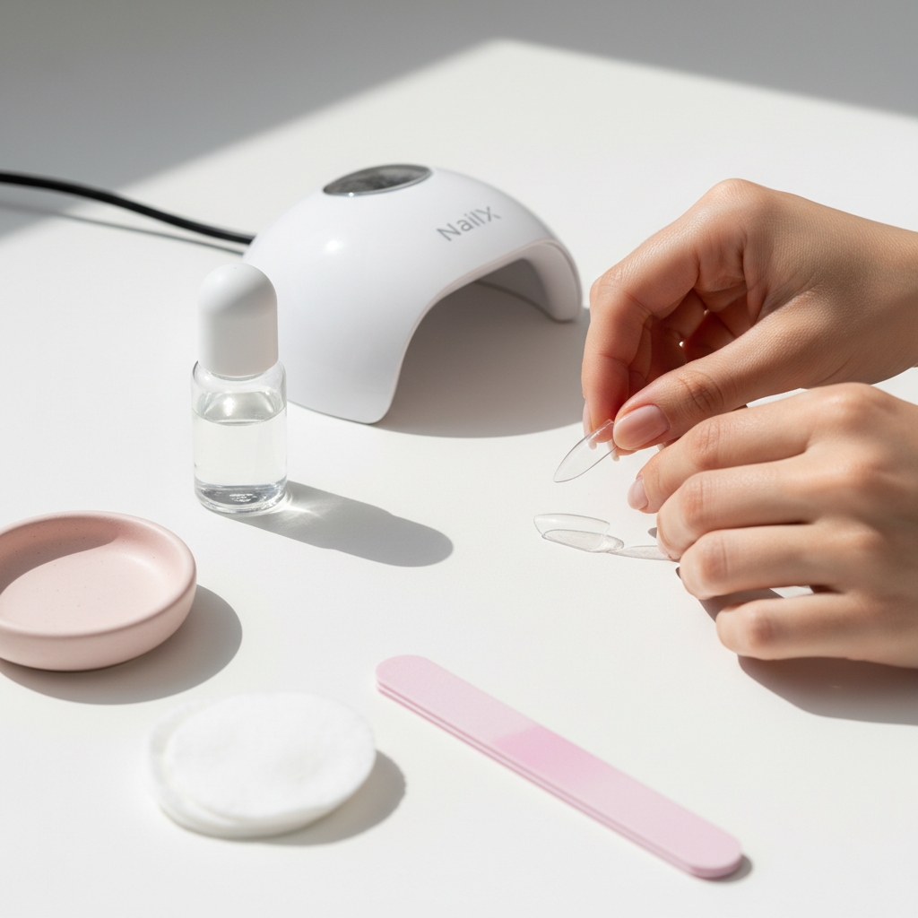 Nahaufnahme gepflegter Hände platzieren einen GellyNails Tip neben kompakter LED‑Lampe und Reinigungsfläschchen auf weißem Untergrund – GellyNails Starter Kit