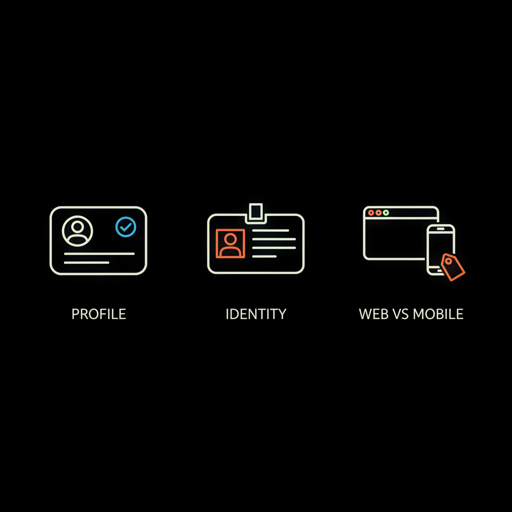 Minimal infographic on black background showing a stylized profile with a blue verified check, an ID card icon, and browser vs mobile price tags — buy Instagram blue check