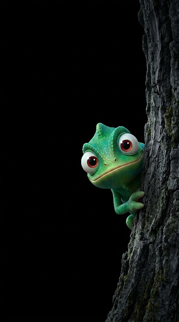 Cute Peeking Green Chameleon Tree Trunk Dark Mobile Wallpaper - Free mobile Wallpaper