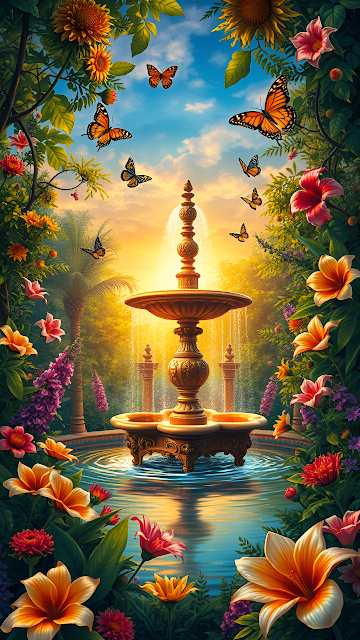 Vibrant Tropical Fountain Garden with Monarch Butterflies - Free mobile Wallpaper