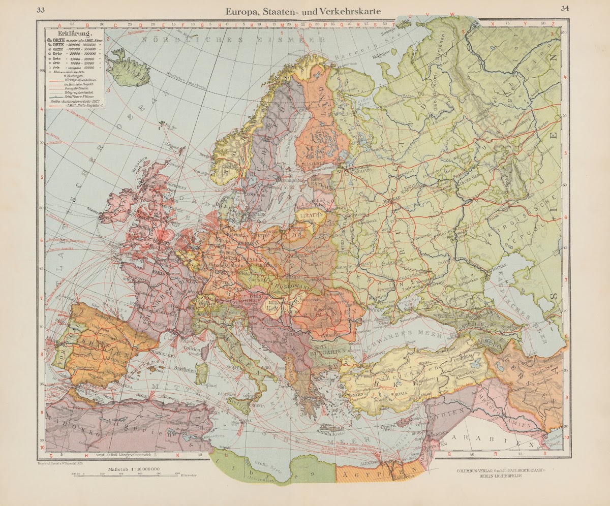 Europa Staaten  und Verkehrskarte 1926