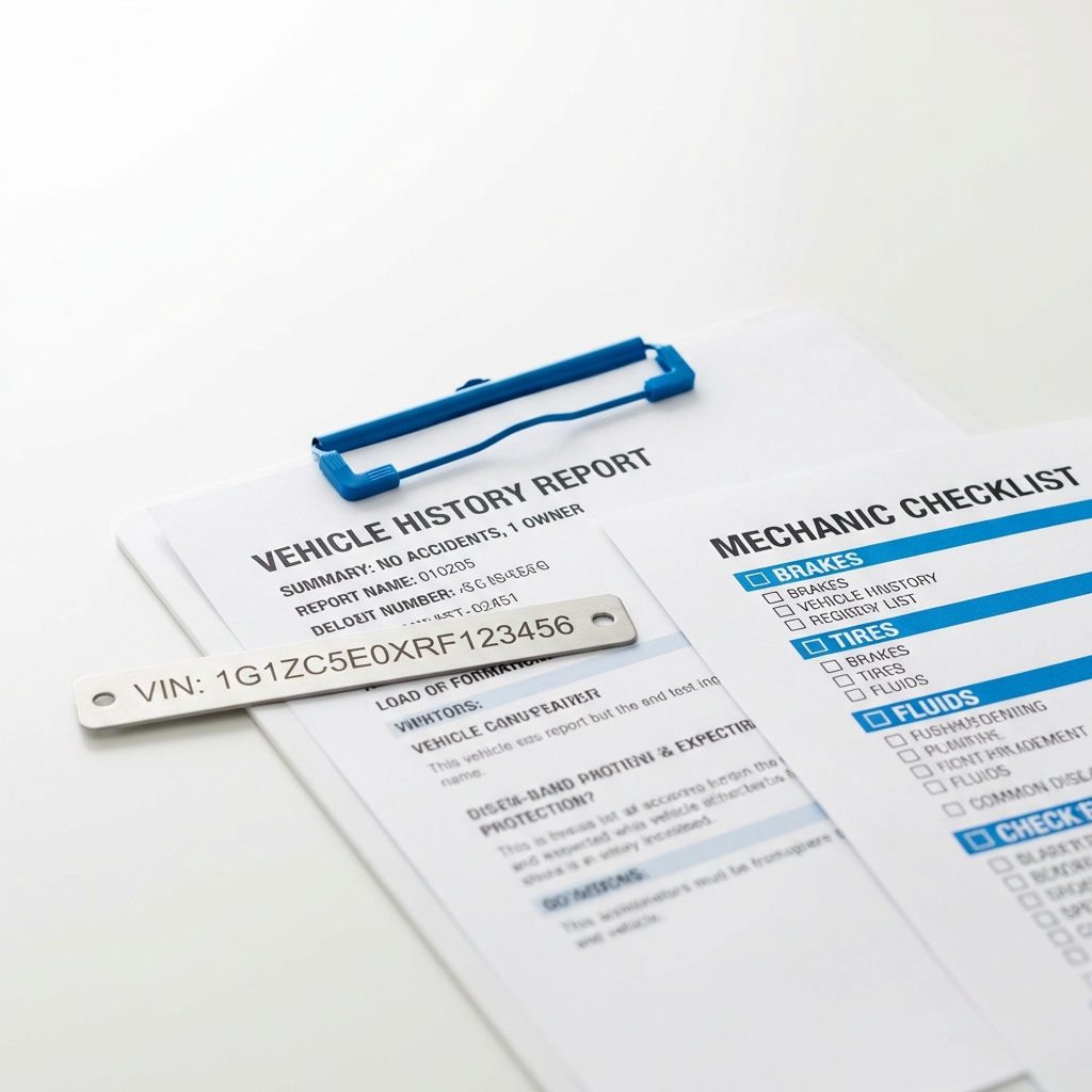 Close up of a VIN plate and printed vehicle history report on a clipboard next to a mechanic checklist showing details for a mazda cx 5 for sale, clean white background and blue accents
