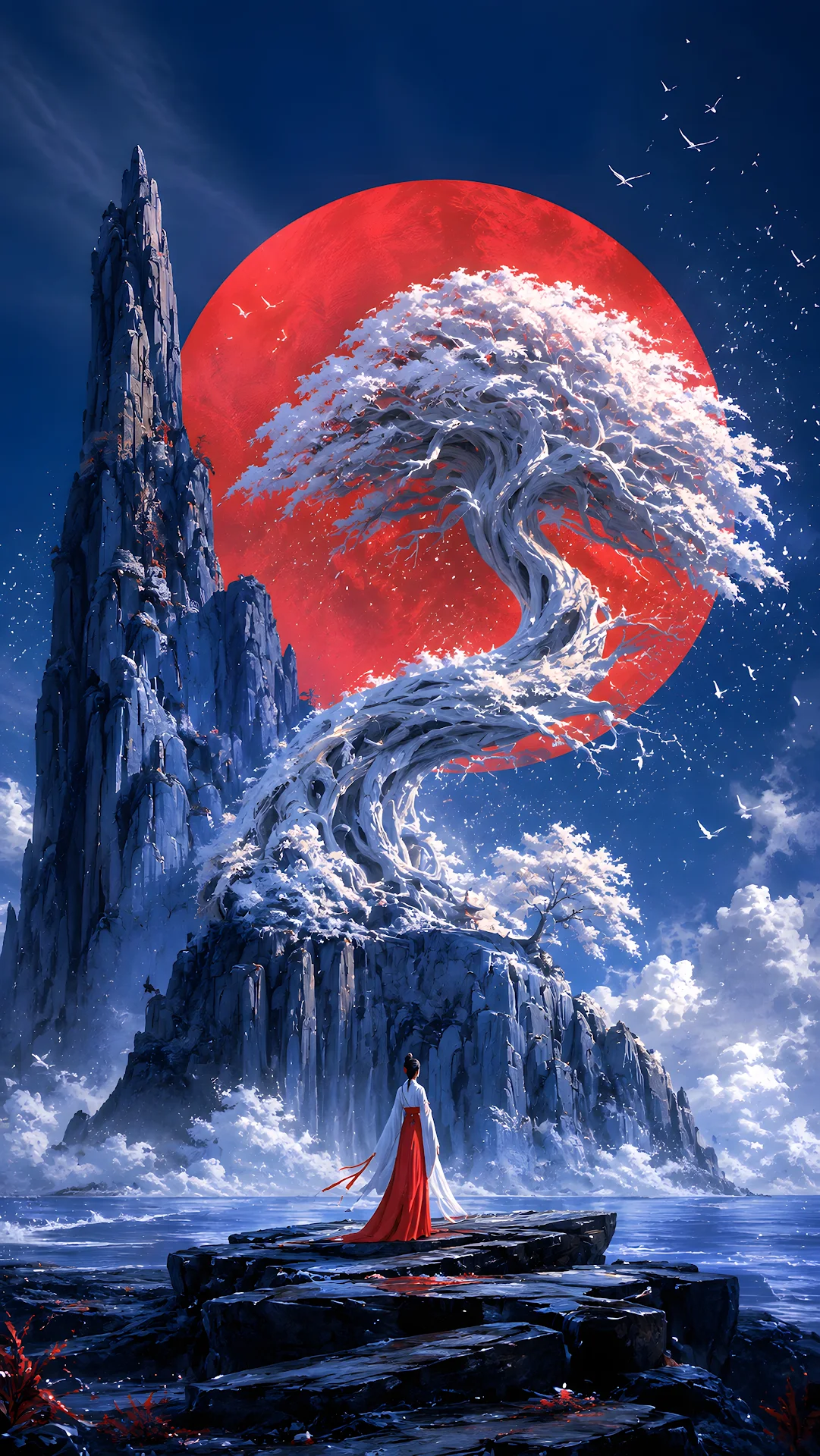 Serene fantasy mountain peak with snow covered tree and large red sun - Free 4K mobile Wallpaper