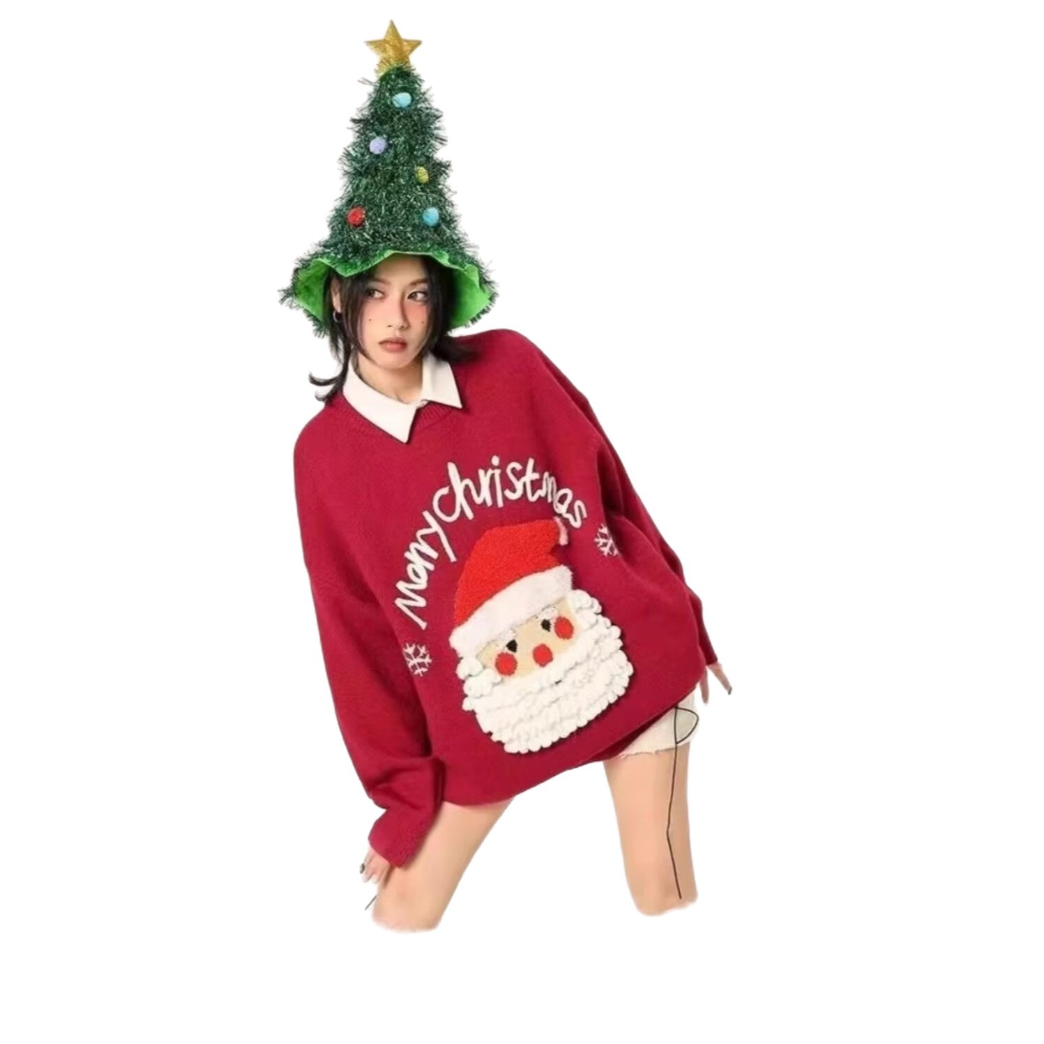 Women's knitted sweater with Santa Claus embroidery