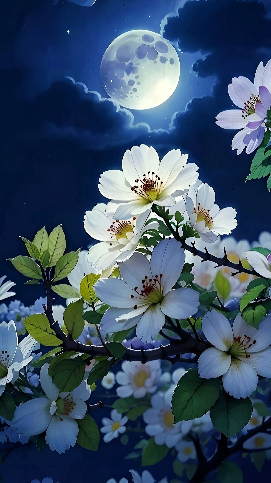 Nocturnal White Cosmos Flowers under Bright Full Moon Glow - Free 4K mobile Wallpaper