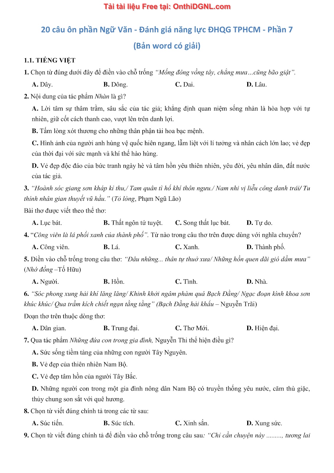 500 bài tập môn Ngữ Văn - Ôn thi ĐGNL ĐHQG TP HCM Phần 7