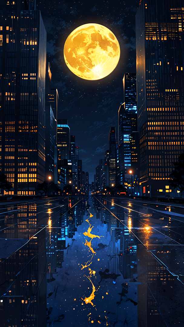 Neon City Street Under Giant Golden Moon at Night