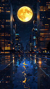 Neon City Street Under Giant Golden Moon at Night