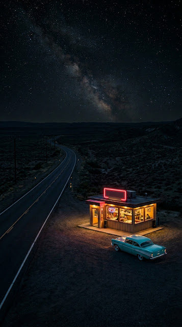 Tiny Glowing Diner on Dark Desert Highway at 2am - Free mobile Wallpaper