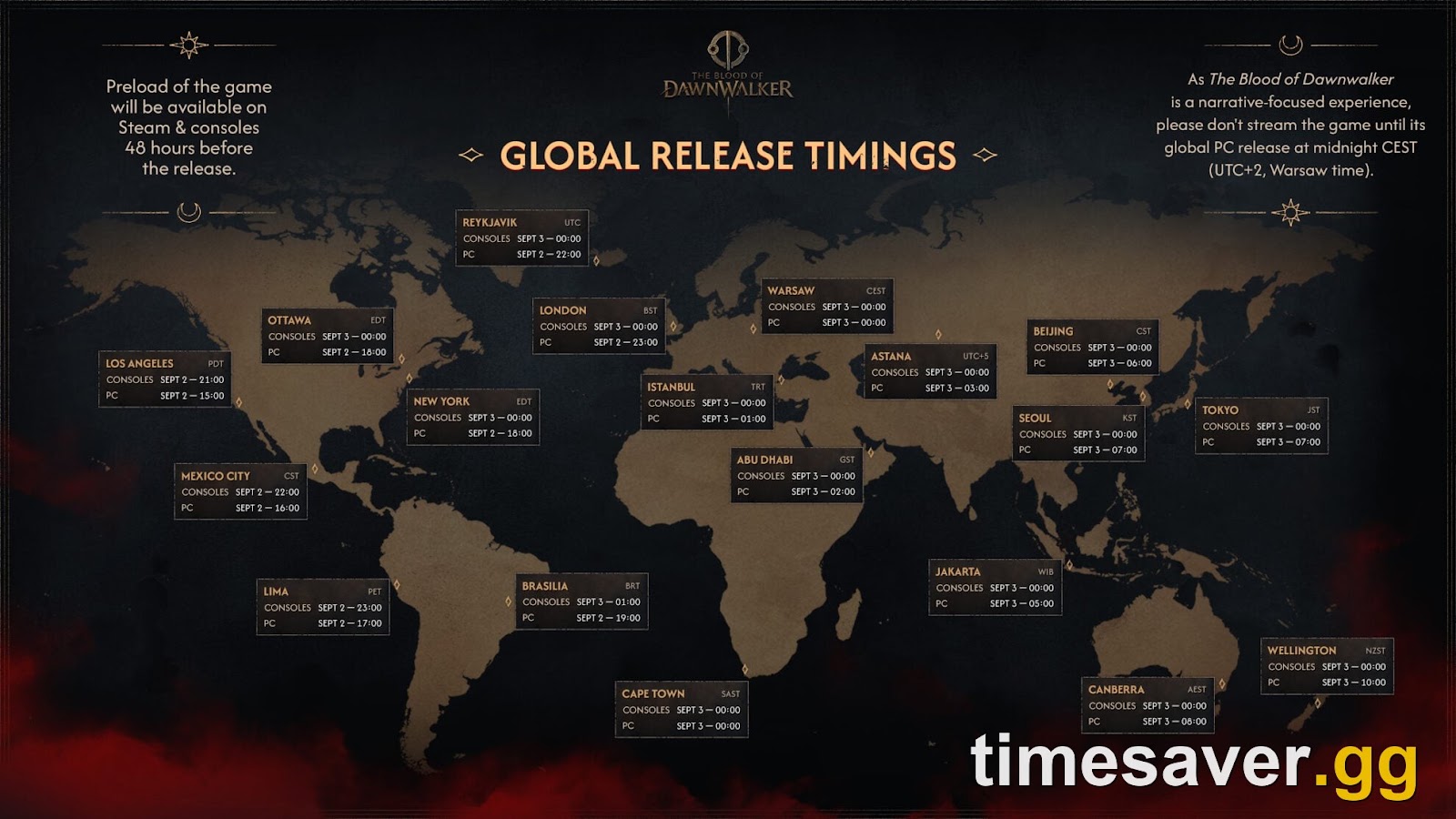 The Blood of Dawnwalker official Global Release Timings graphic showing console and PC unlock times by region and the 48-hour preload window
