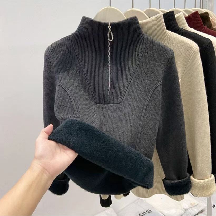 Damen-Strickpullover mit Stehkragen und Fleecefutter