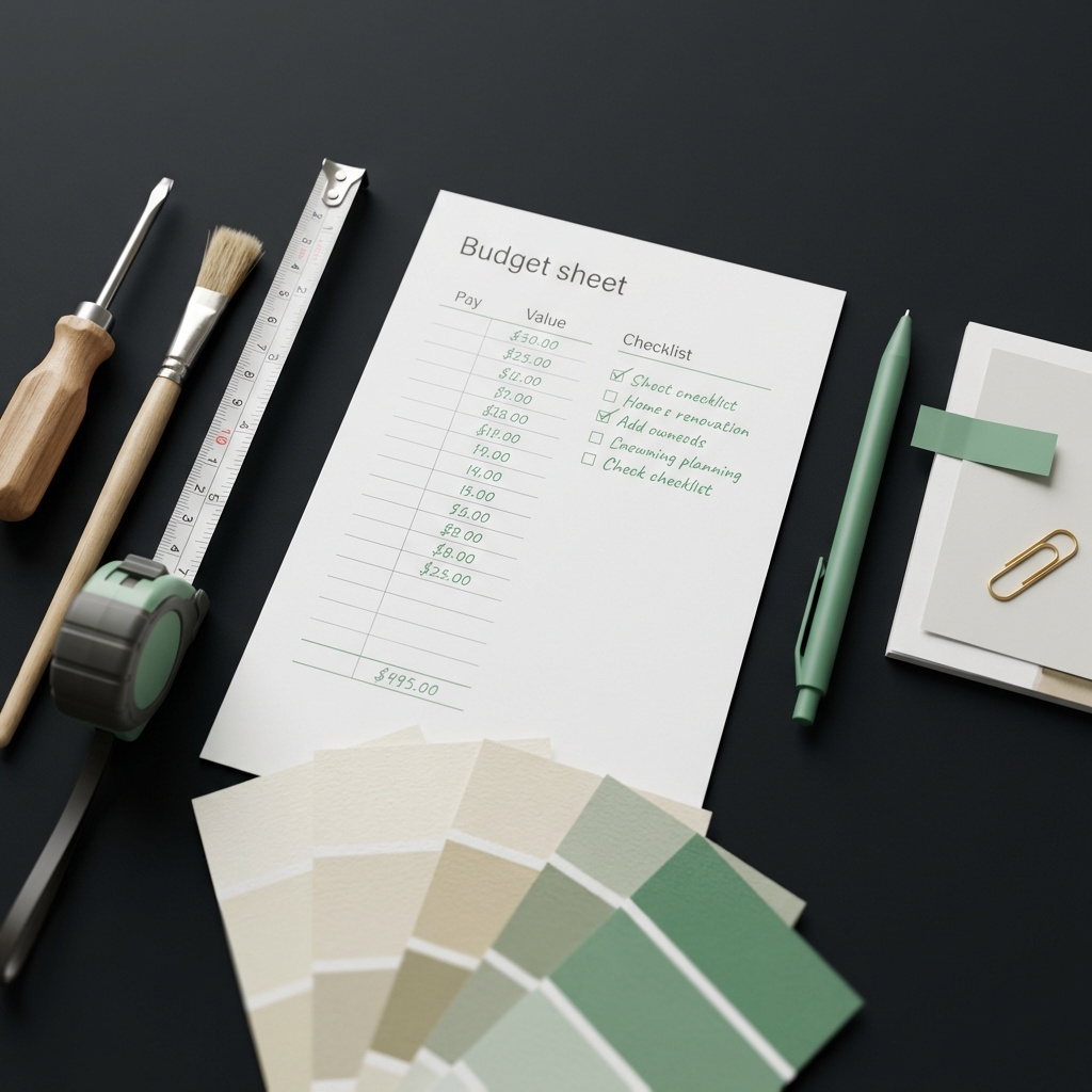 Close up of small renovation scene with tools paint swatches and a simple budget sheet on a dark background illustrating how to start investing in property