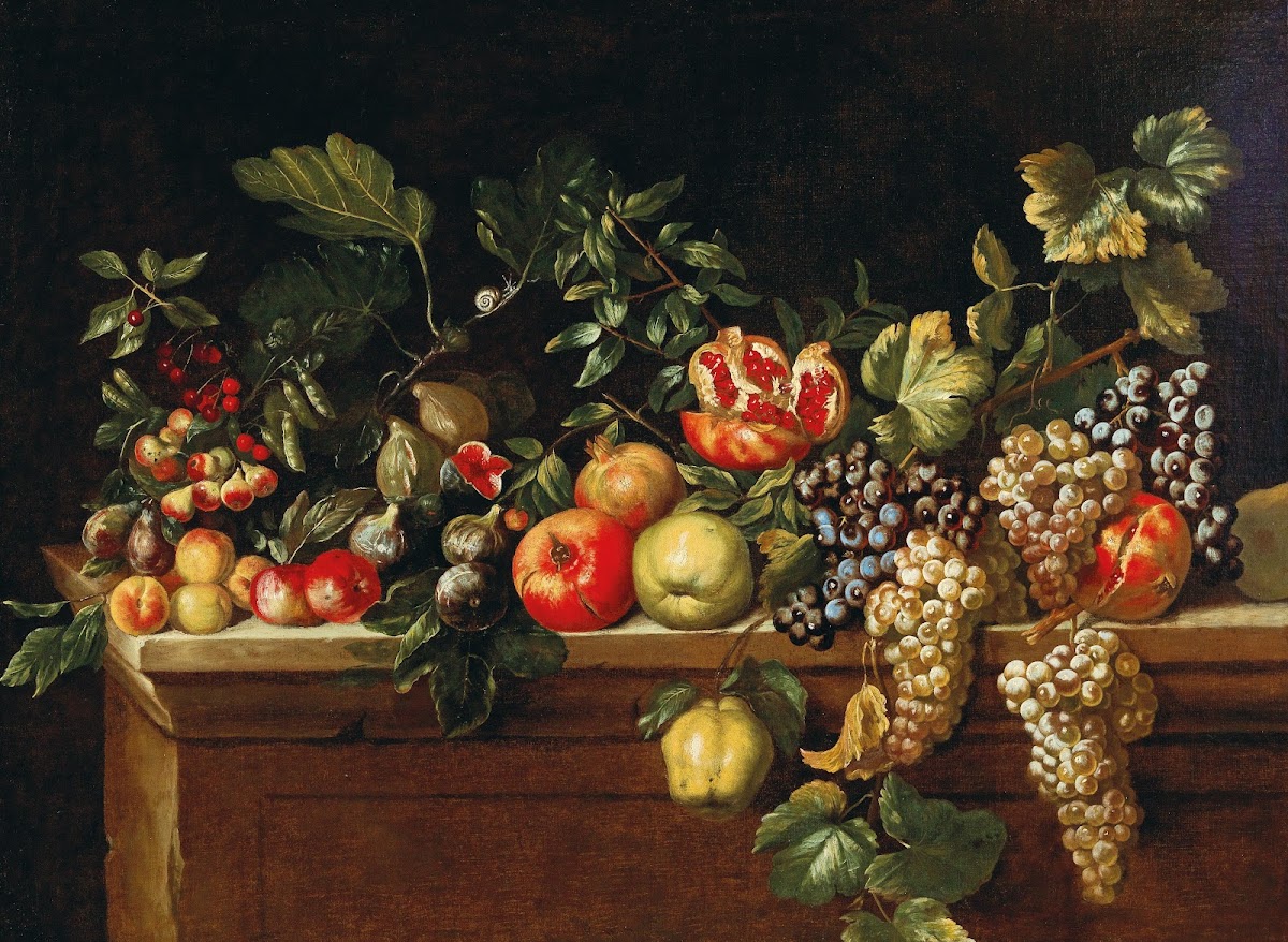 Apples grapes figs and pomegranates and other fruit on a ledge