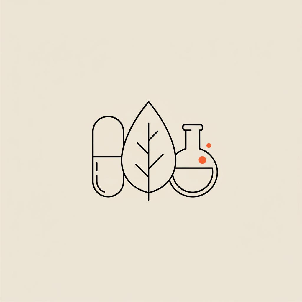 Minimalist Tonum-style vector line illustration of a capsule, leaf, and lab flask on a beige background, evoking the concept of the safest fat burner.