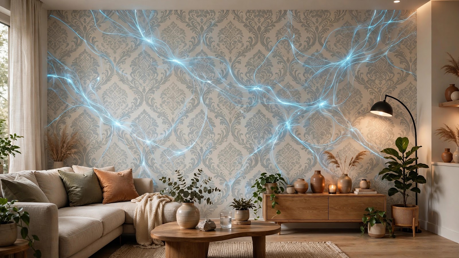 A futuristic living room wall covered in patterned wallpaper generating electricity from air humidity, with glowing energy lines