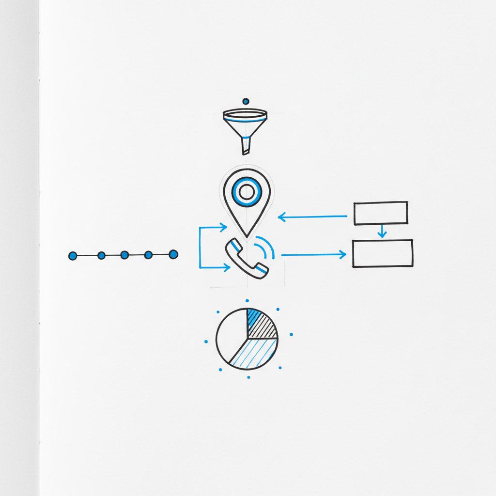 Notebook-style sketch showing a local search-to-call user journey with map pin, phone icon, funnel and budget diagrams, illustrating best advertising for lawyers.