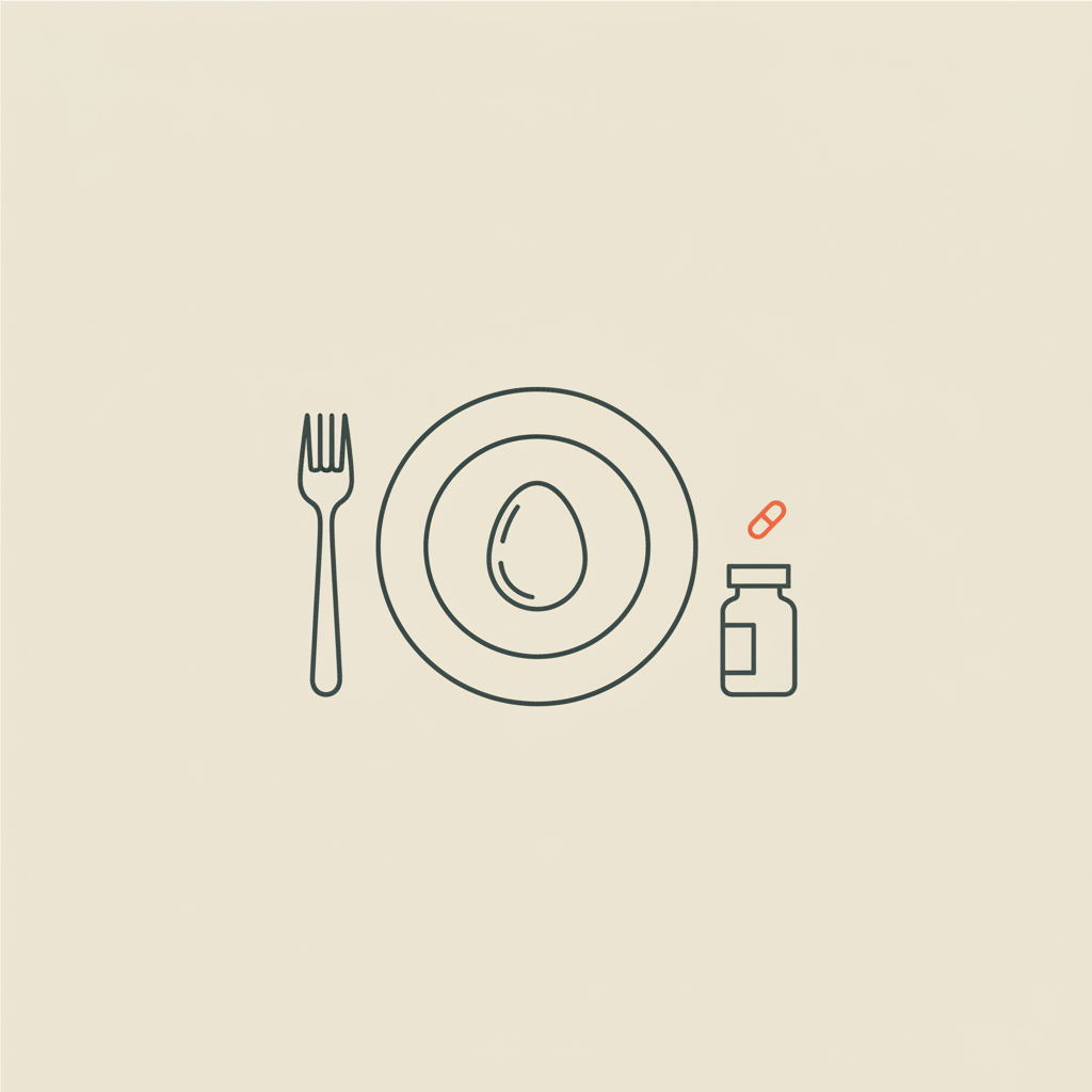 Minimalist Tonum-style line illustration of a plate with an egg, fork and small capsule bottle on a beige background — what is the lowest calorie protein