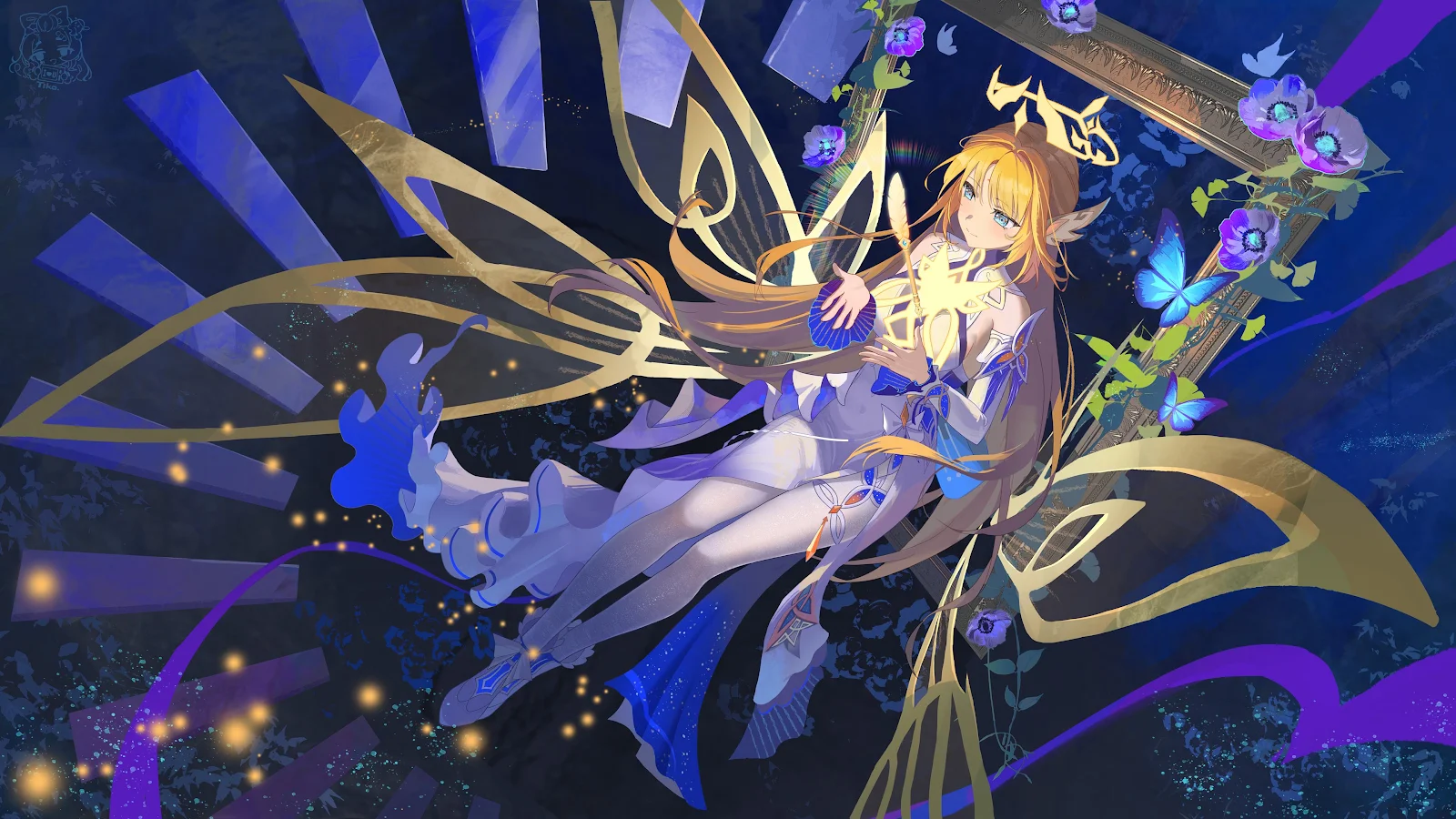 Blonde Elf Fairy in Blue - Digital Anime Art 4K Wallpaper (3840x2160)