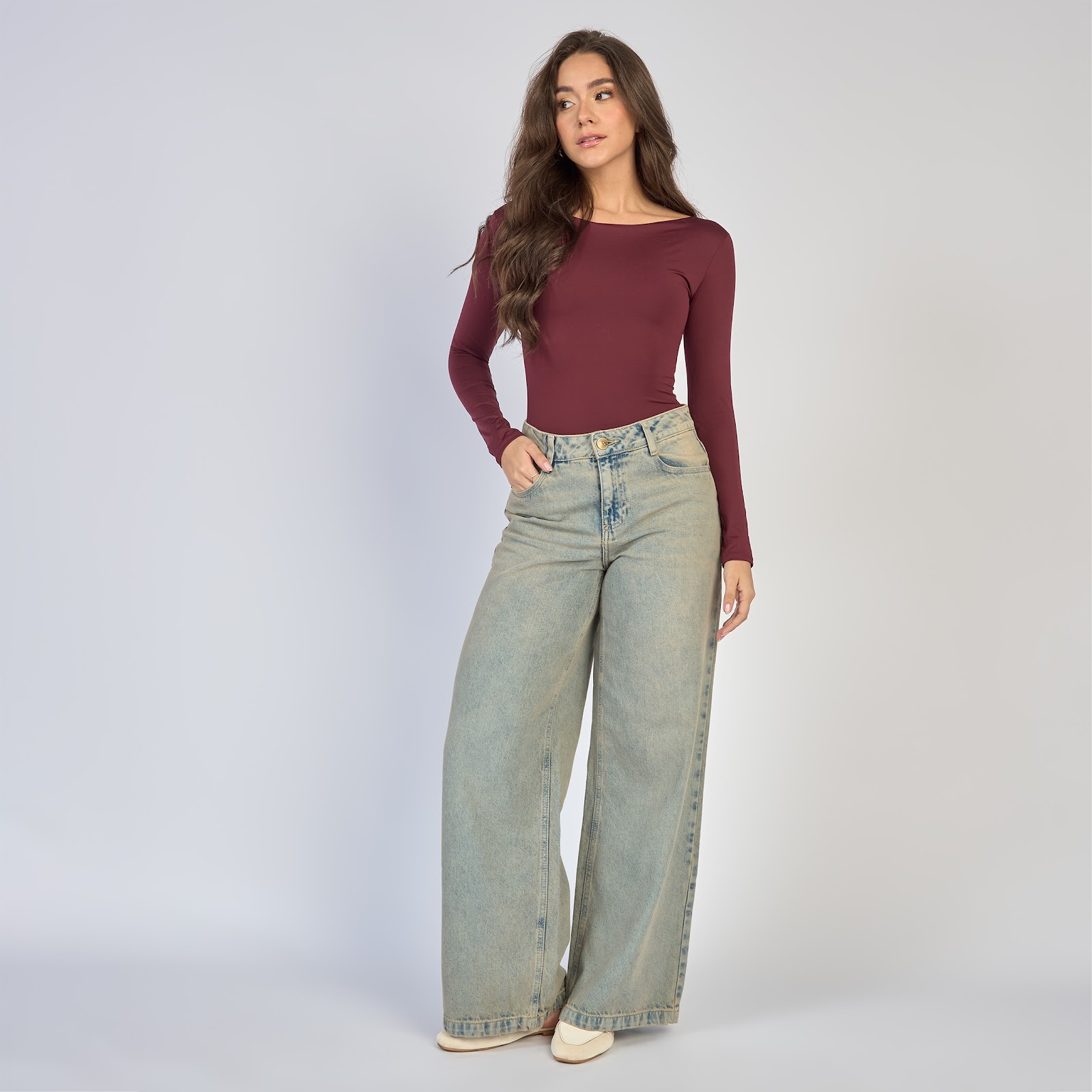 Jean dama wide leg tiro alto rígido, color Azul dirty