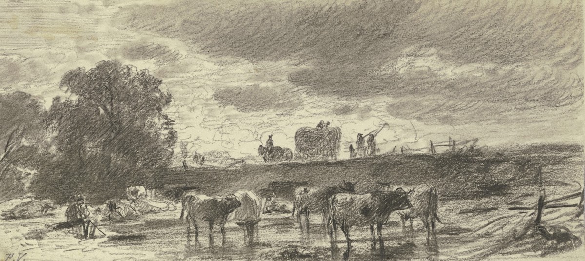 Landschaft in Gewitterstimmung mit einer Viehherde im Vordergrund und einem Ernt