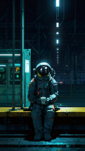 Cyberpunk Astronaut Waiting Subway Platform Neon Lights