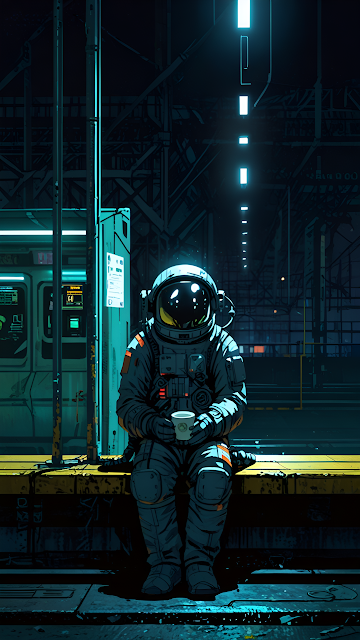 Cyberpunk Astronaut Waiting Subway Platform Neon Lights - Free mobile Wallpaper