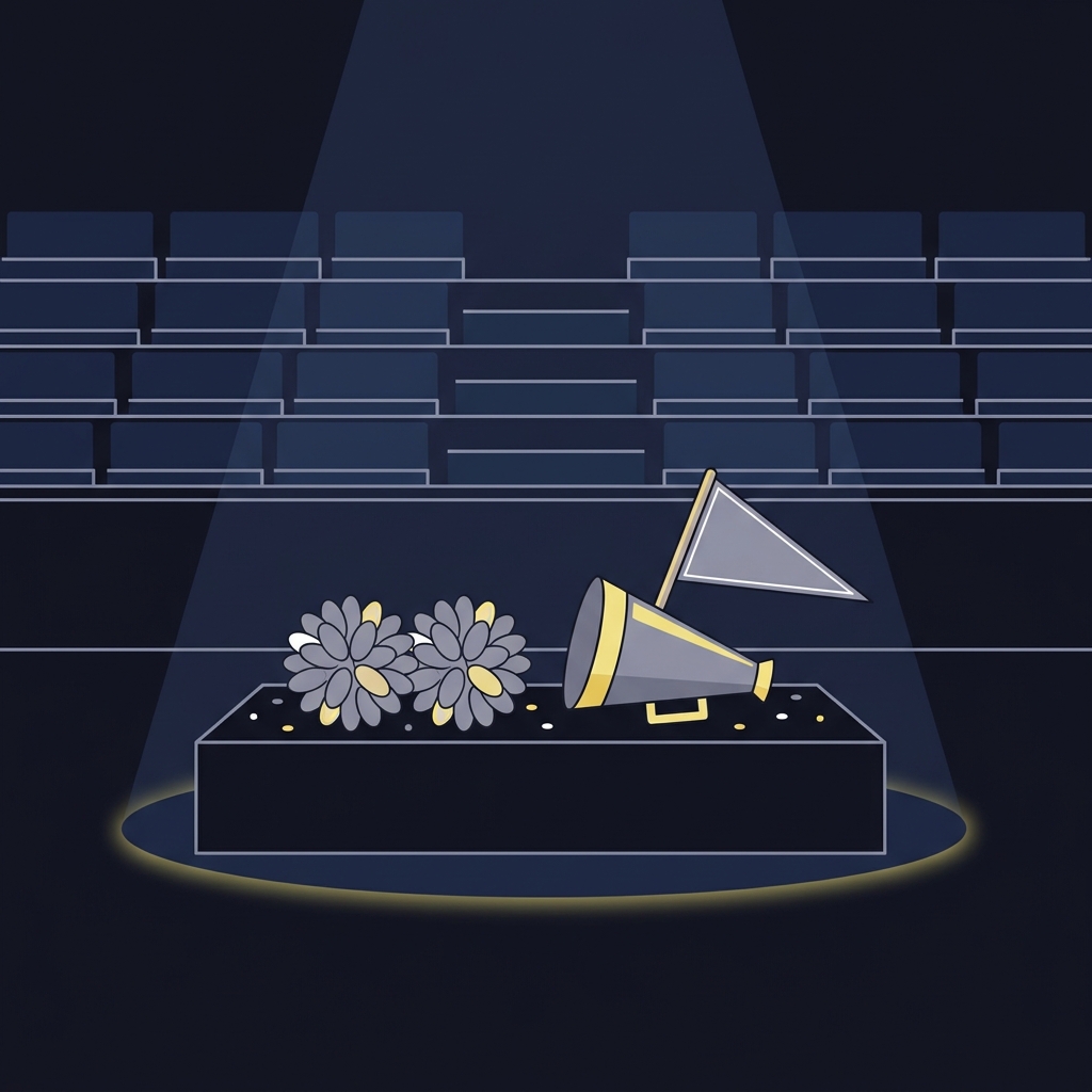 Minimalist 2D vector of pompoms megaphone pennant and empty stadium representing a cheerleader appearance to illustrate odds of winning nfl