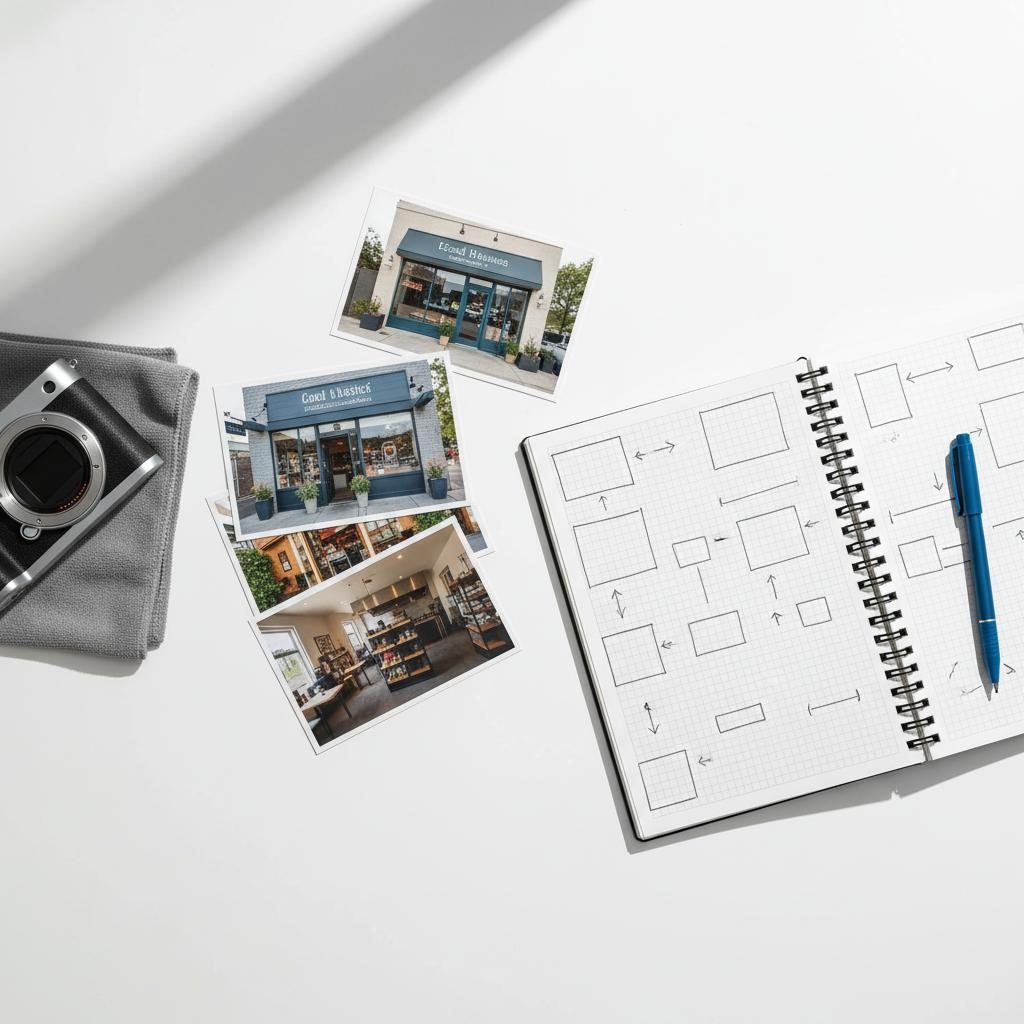 Top-down close-up of a mirrorless camera, printed business photos and a sketched notebook layout on a white desk, illustrating GMB setup cost photography planning.