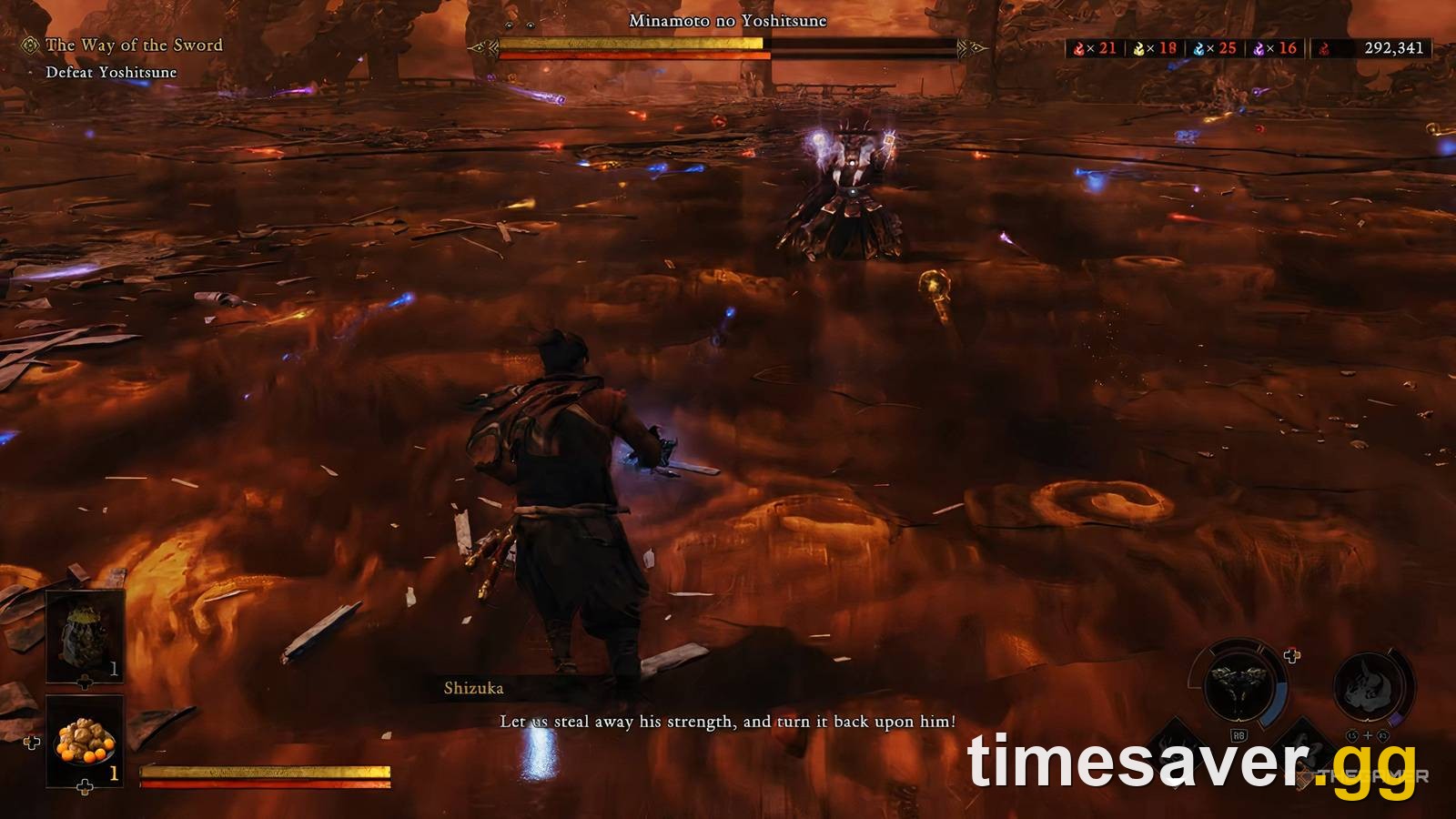 Yoshitsune pulling in souls during his Soul Drain attack while Musashi collects his own in Onimusha: Way of the Sword
