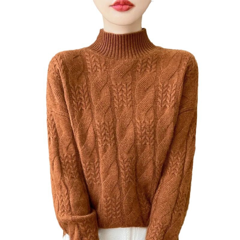 Women's Knit Sweater, Stand-Up Collar, Cable Pattern, 3D Effect