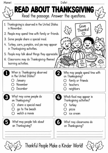 Read About Thanksgiving Worksheet