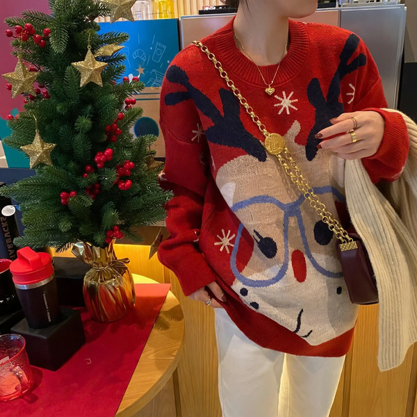 Weihnachtspullover, Rundhalsausschnitt, lockere Passform