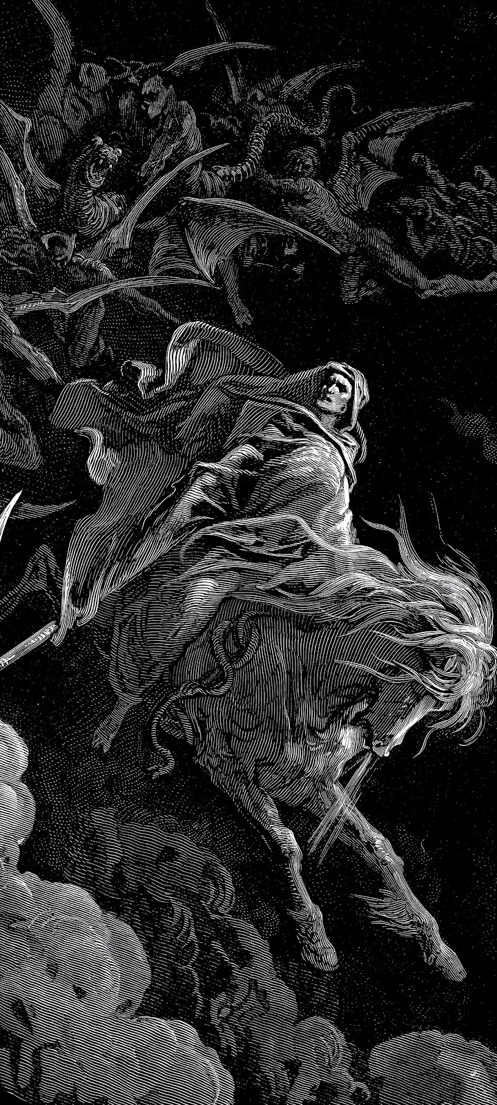 Rider Battles Demons In Darkness - Wood Engraving Art 2K iPhone Wallpaper (1844x4096)