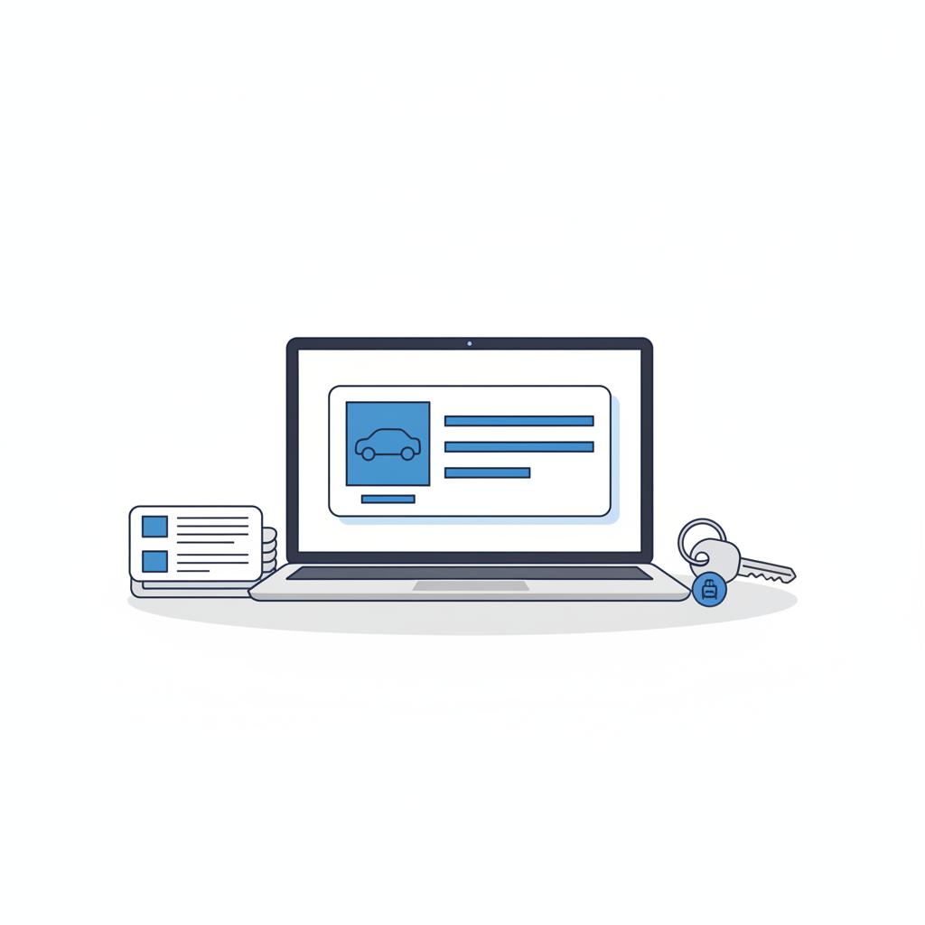 Minimal 2D vector workspace with laptop showing a simplified used car listing next to stacked service records and car keys in CarFax Deals colors best car value website
