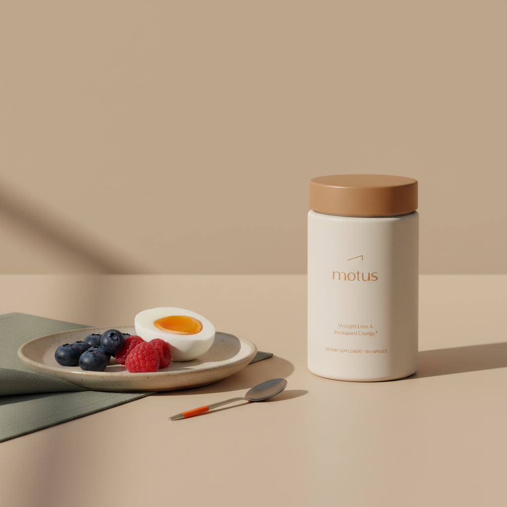 Motus weight suppressant pill bottle beside a small plate with egg and berries on a flat beige background (#F2E5D5), minimalist natural-light tabletop scene
