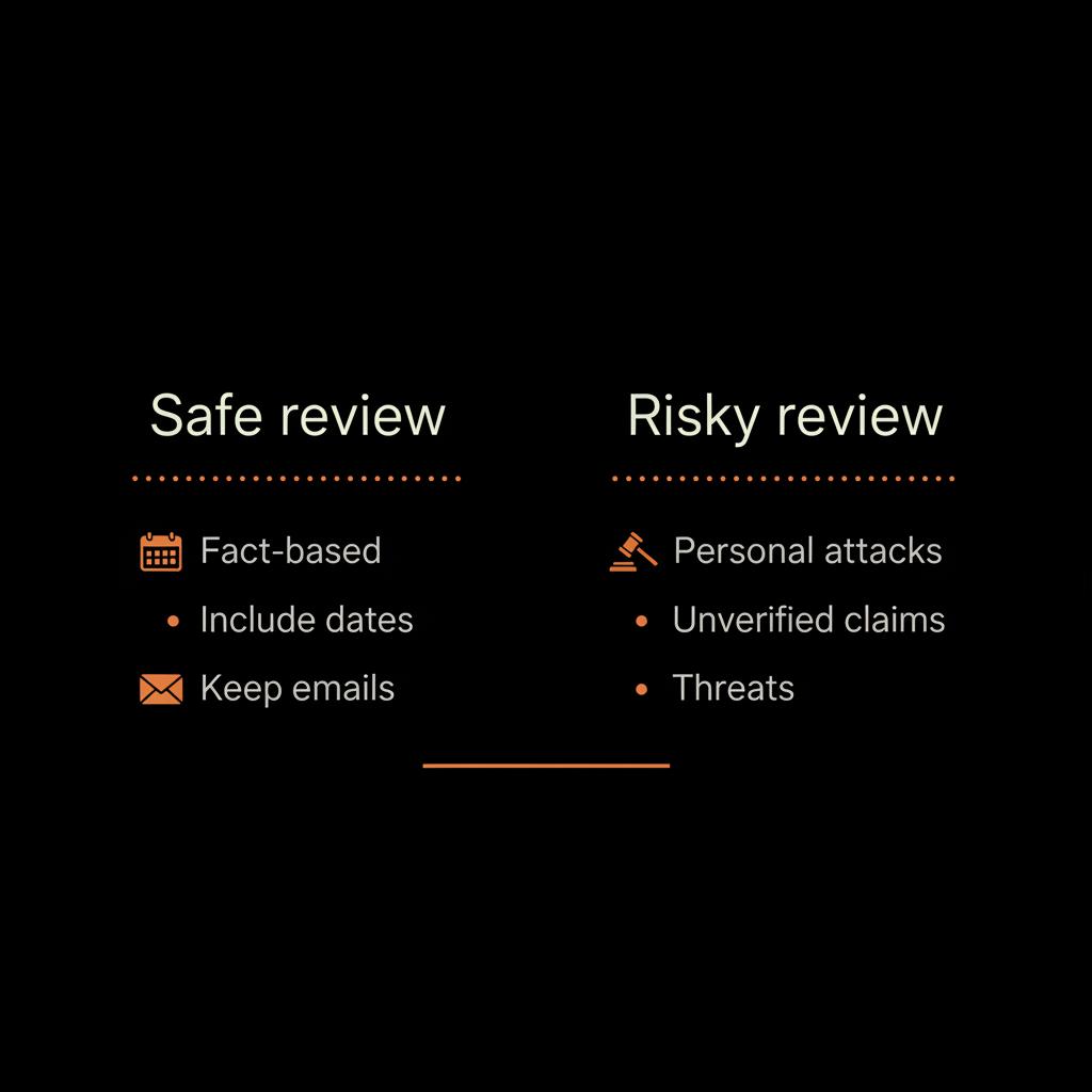Minimal infographic comparing "Safe review" vs "Risky review" with calendar, email and gavel icons on black background — can i get sued for leaving a bad review on Glassdoor