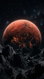 Surreal 3D Render of a Massive Red Planet Rising Over a Dark Alien Terrain