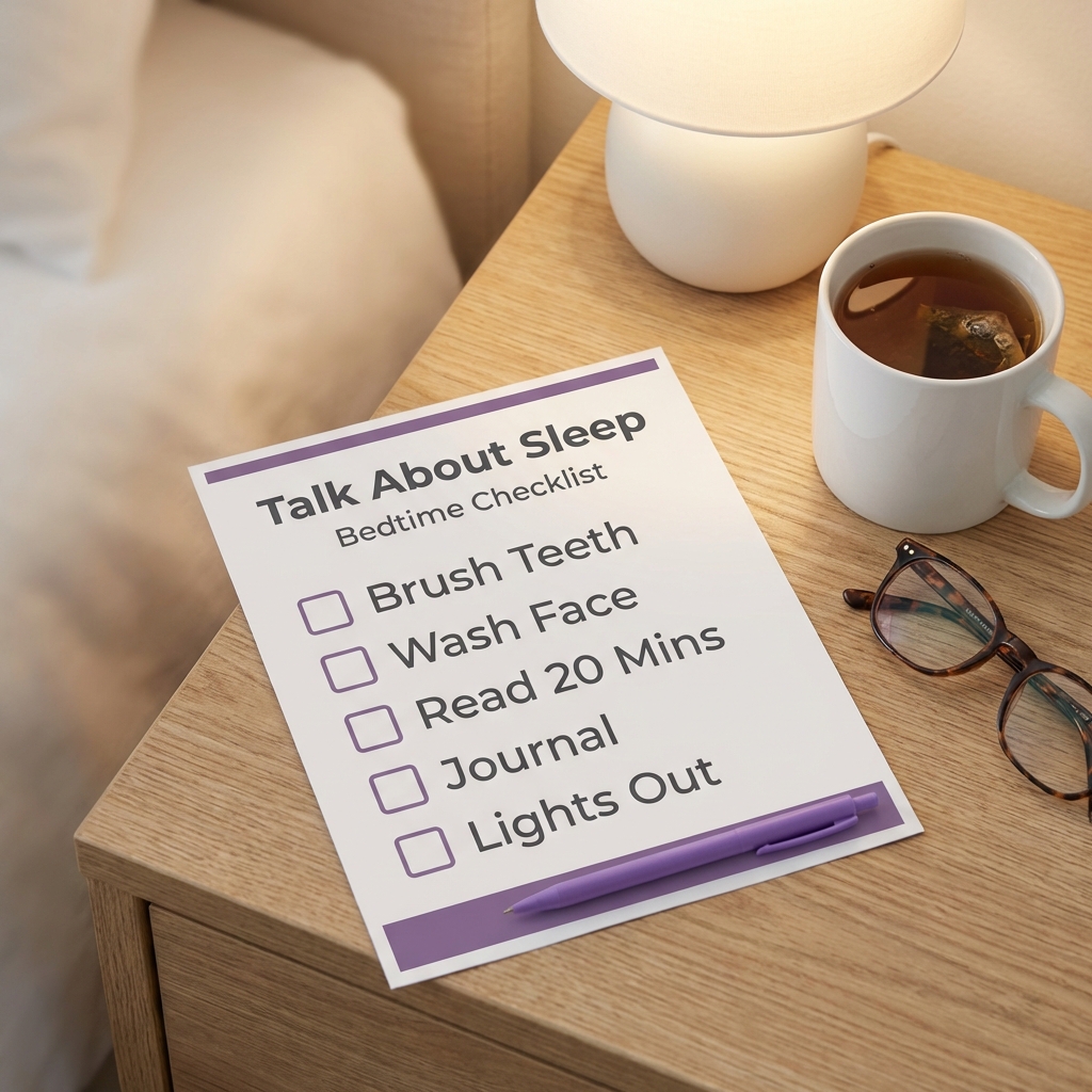 Close up of a minimalist nightstand showing a printed one page bedtime hygiene checklist next to a cup of herbal tea and reading glasses