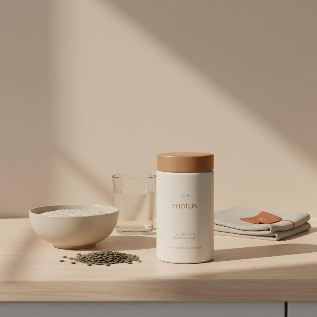 Motus supplement container on a light wood kitchen counter beside a bowl of oatmeal and a small cluster of legumes in soft daylight — appetite suppressant pills in a minimalist Tonum-style scene.