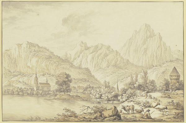 Gebirgsdorf mit zwei Kirchtürmen an einem See gelegen