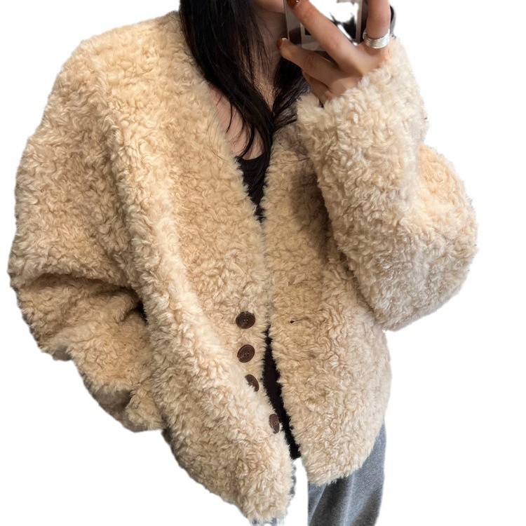 Ladies Short Coat, Lambswool Look, V-Neck